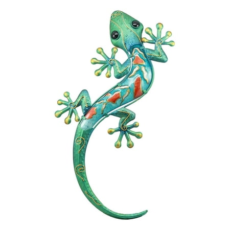 Gecko Wall Art Outdoor Ebros Large Crawling Green Metal Lizard Gecko with Blue Glass Body Wall Decor 18.5