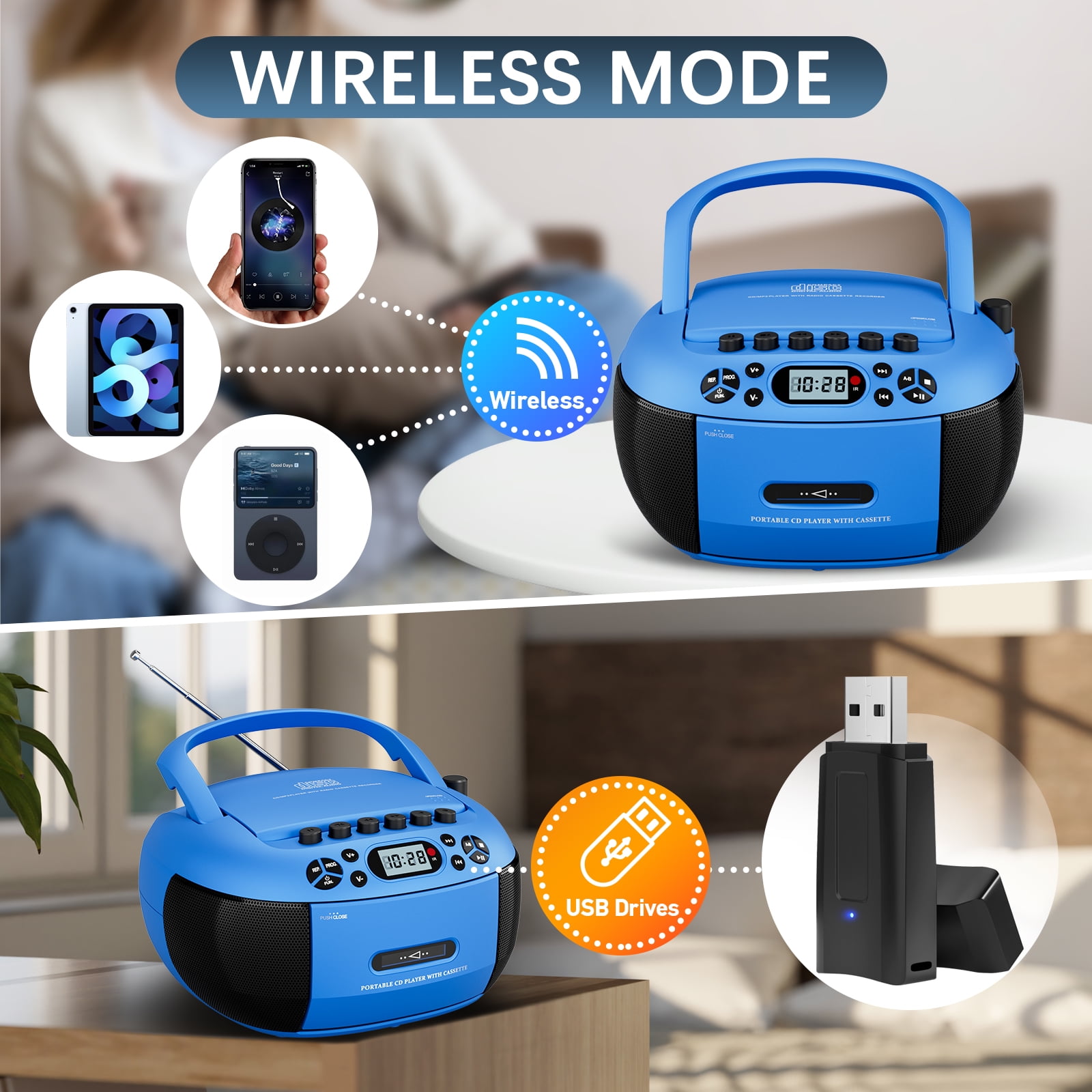 LC-dolida CD Player Boombox, Portable Cassette Player Combo with Bluetooth CD MP3 CD-R CD-R FA Radio AC/DC Powered with Remote Control, Stereo Sound for Home, Kids ,Outdoor, Gift(Blue)
