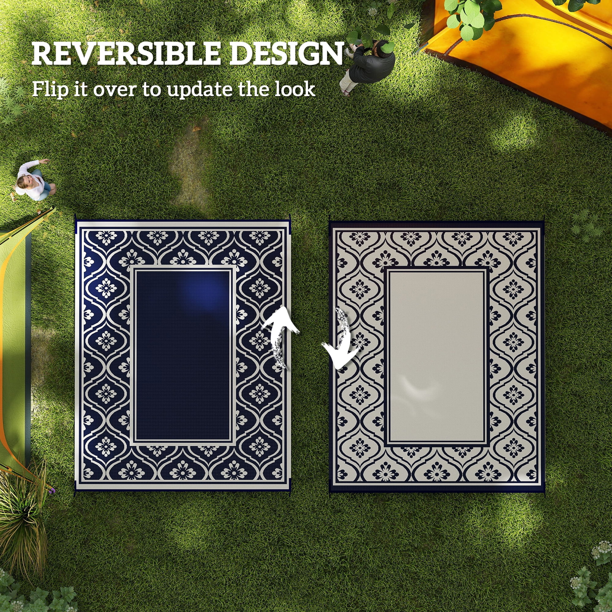 8' x 10' Blue & White Gourd Border Reversible Outdoor Patio Rug, Waterproof Plastic Straw RV Camping Mat with Carry Bag, Foldable Fade Resistant Rug