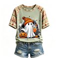 thumbnail image 5 of BODOAO Women's Fall Graphic Tee Halloween Ghost Pumpkin Print Short Sleeve Crew Neck T Shirt Plaid Raglan Tops Casual Loose Fit Autumn Thanksgiving Holiday Wear Green S, 5 of 5