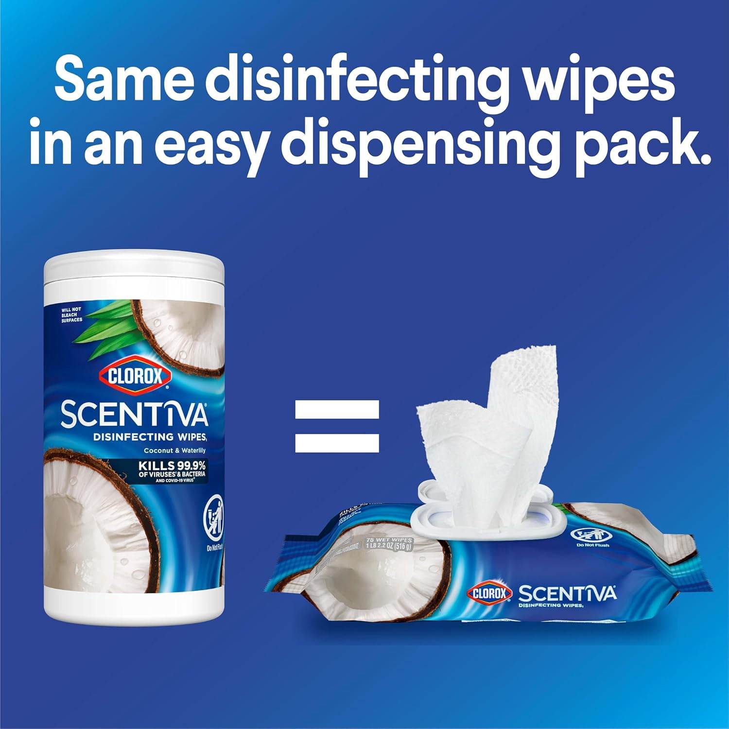 Scentiva Disinfecting Wipes, Coconut and Waterlily, 75 Count, Pack of 3 (Package May Vary)