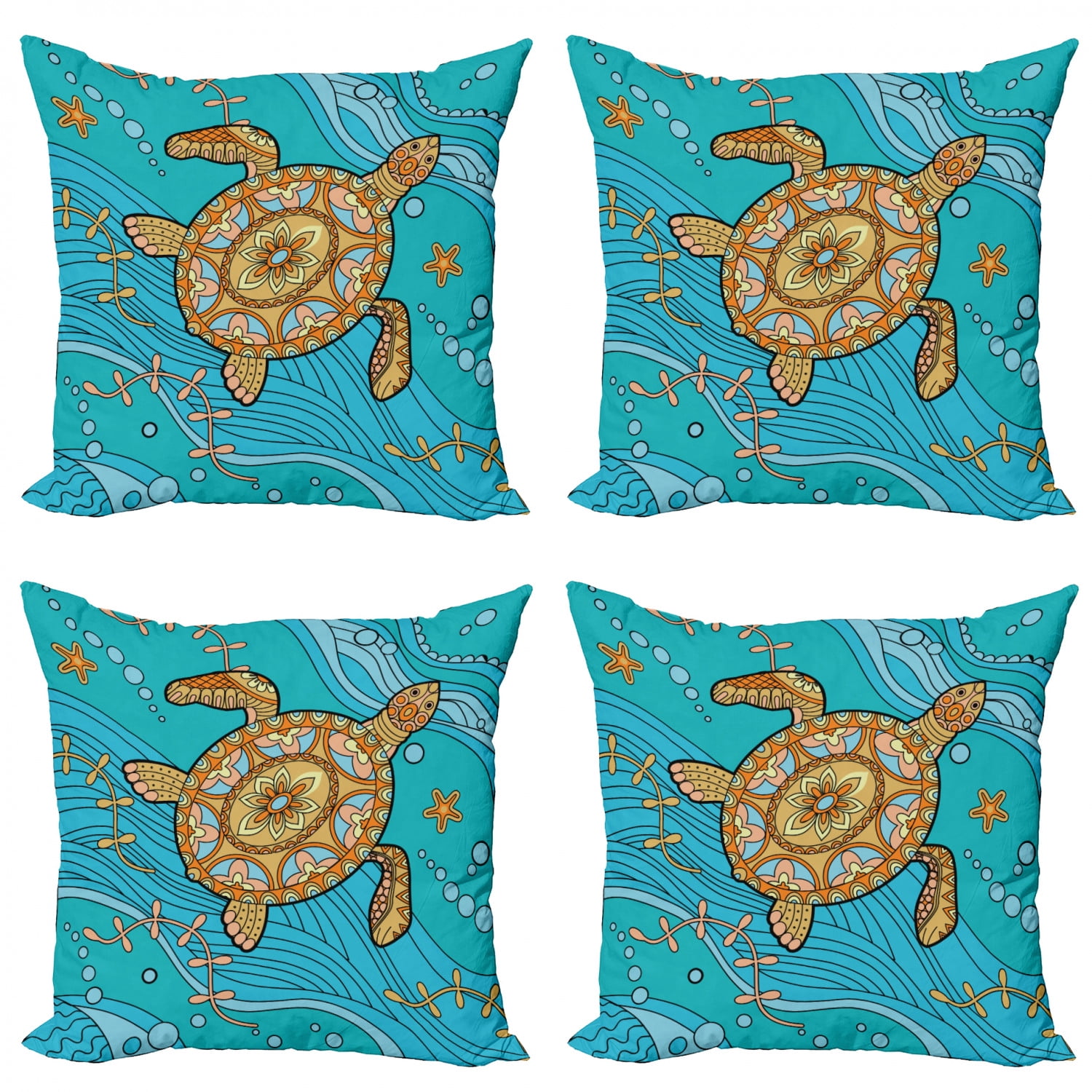 Turtle Throw Pillow Cushion Case Pack of 4, Doodle of Sea Turtle on Water Surface Maritime