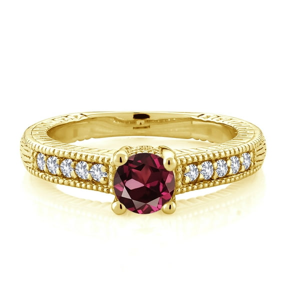 Gem Stone King 18K Yellow Gold Plated Silver Red Rhodolite Garnet and White Created Sapphire Women's Solitaire Ring with Accent Stones (0.75 Cttw, Round Shape 5MM, Size 7)