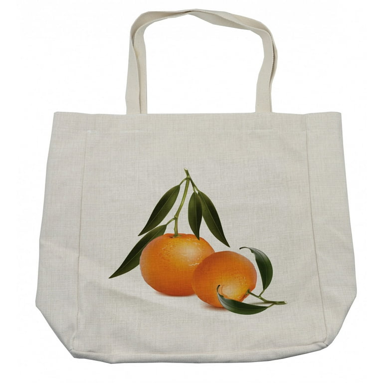 Green and Orange Shopping Bag, Fresh Tangerine with Green Leaves Citrus Fruit Themed Illustration, Eco-Friendly Reusable Bag for Groceries Beach and