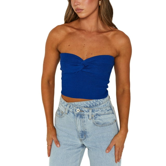WIFORNT Women Basic Ruched Bandeau Summer Back Twisted Solid Color Off-shoulder Crop Tops Streetwear Club Wear