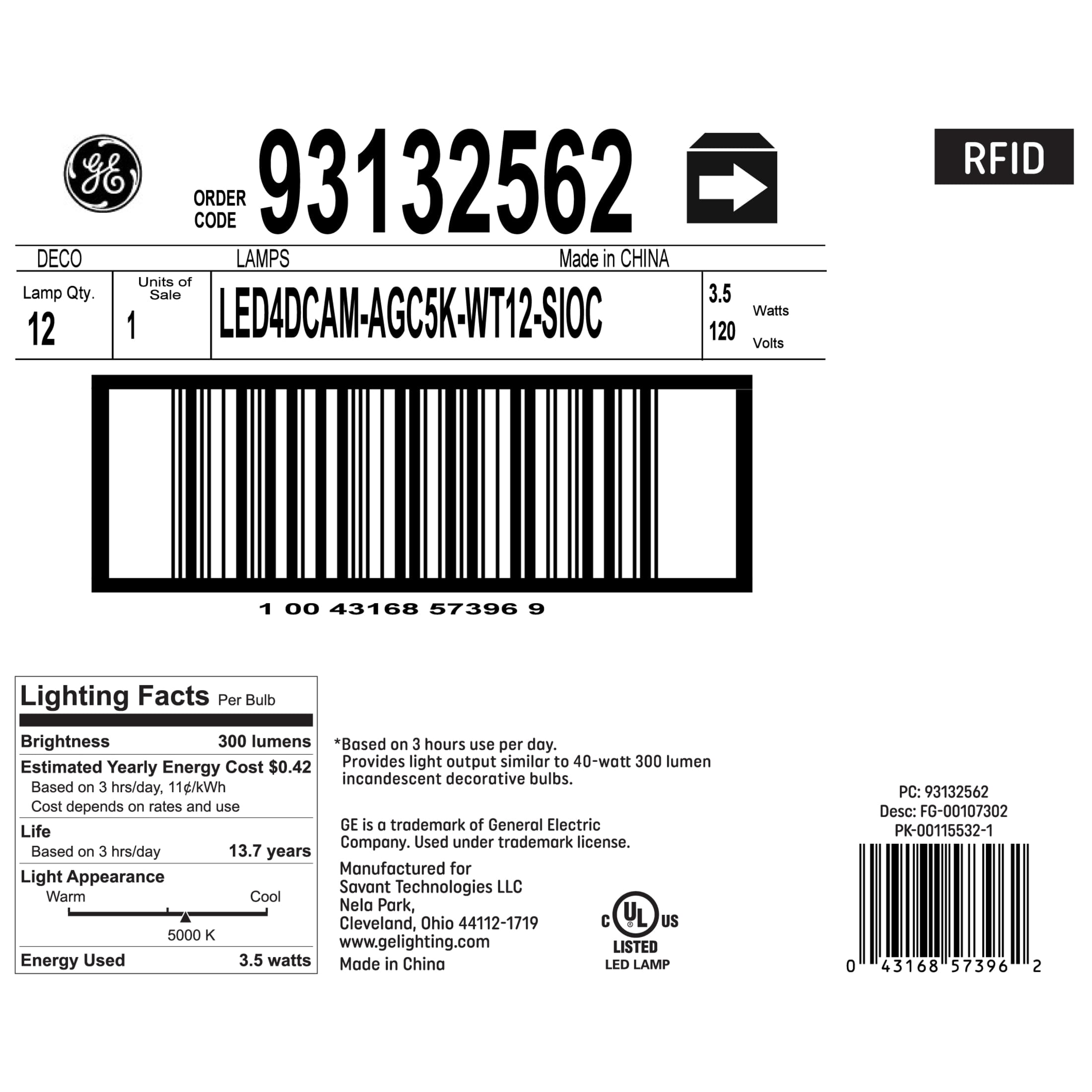 GE LED 40W CA11 Daylight 13YR Med Base (12-Pack)