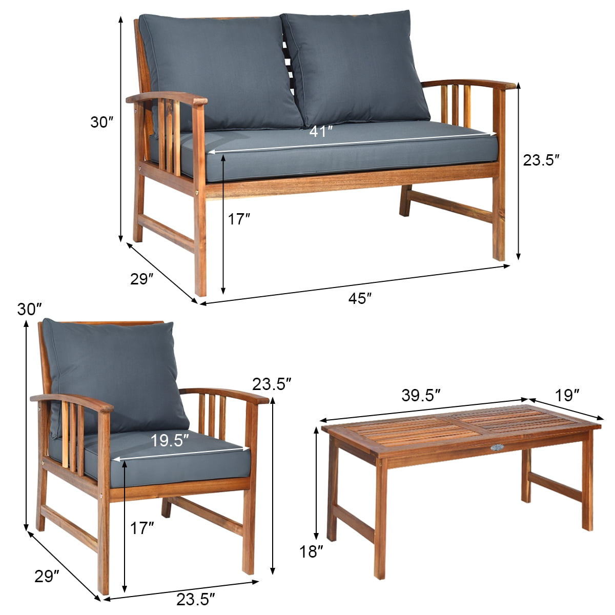 Costway 4PCS Wooden Patio Furniture Set Table Sofa Chair Cushioned Garden NEW