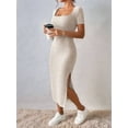 thumbnail image 3 of Women 2025 Summer Ribbed Short Sleeve Bodycon Maxi Dress Side Slit Knit Square Neck Long Sundress Khaki S, 3 of 6