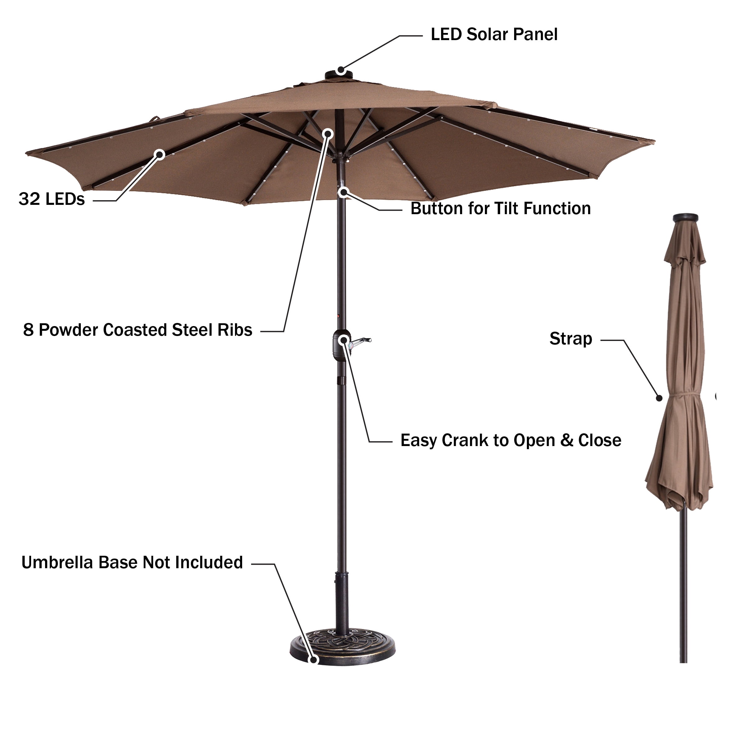 Villacera 9FT Outdoor Patio Umbrella with Solar Lights and Tilt, Brown