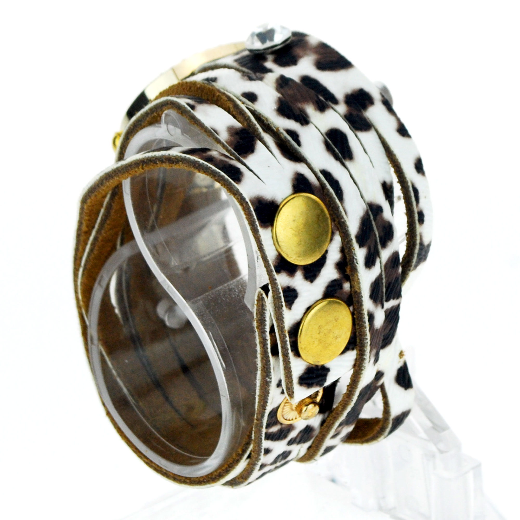 Geneva White Leopard Leather Bracelet Rhinestone Round 