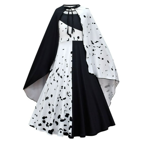 Girls Black White Cruella Costume Dress Halloween Long Sleeve Cosplay Outfits