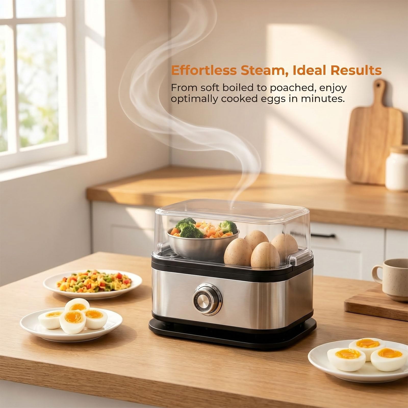 Multifunctional Egg Steamer with Clear Lid, 2026 Electric Stainless Steel Rapid Egg Cooker with 6-Egg Capacity for Soft, Medium & Hard Boiled Eggs