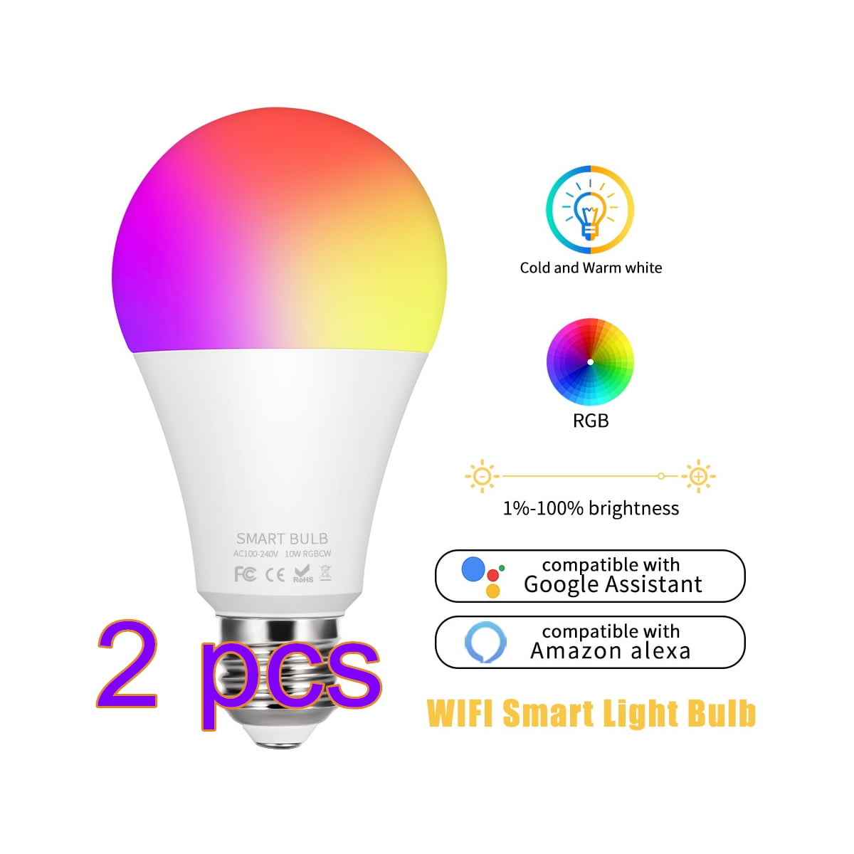2 Pcs Wifi Smart Multi-Color LED Light Bulbs For Alexa Google Home App Control 