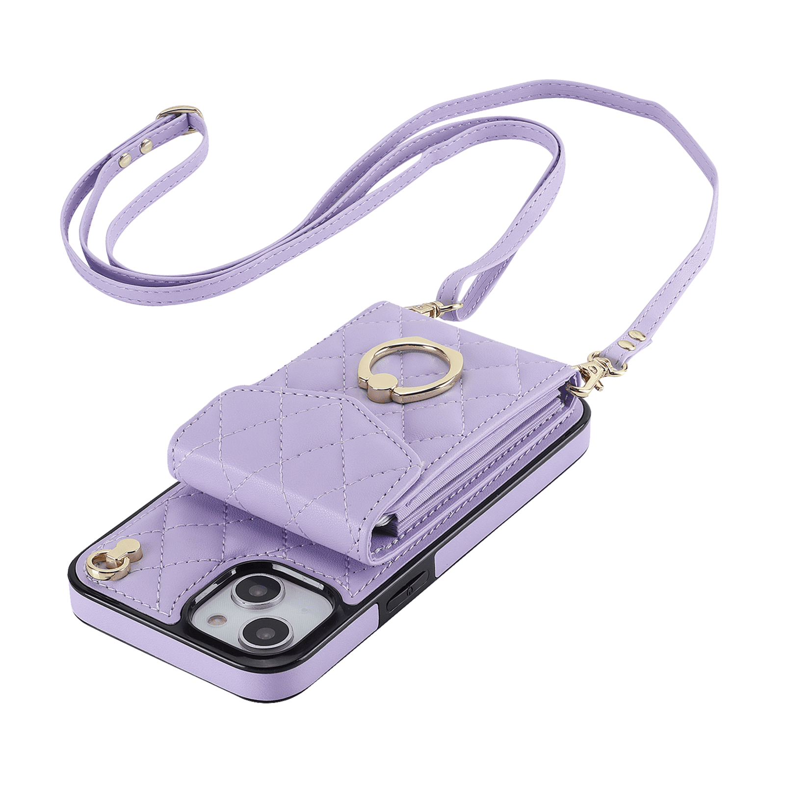 Asuwish Wallet RFID Blocking PU Leather Cell Phone Case with Tempered Glass Screen Protector, Wrist Strap for iPhone 14 Plus, Purple