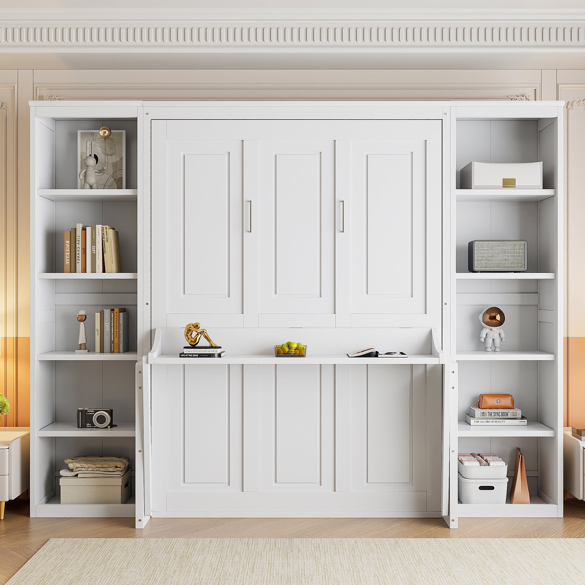 Euroco Wood Full Size Murphy Bed with Desk and Shelves, Space-Saving Wall Bed for Bedroom