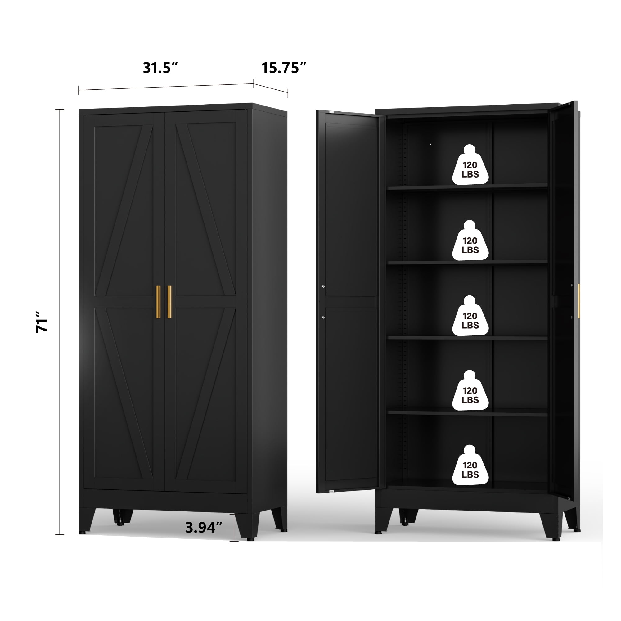 CHSHIN Metal Kitchen Pantry Cabinet,71" Black Farmhouse Storage Cabinet with 2 Vintage Barn Doors and 4 Adjustable Shelves, Rustic Freestanding Cupboard for Kitchen
