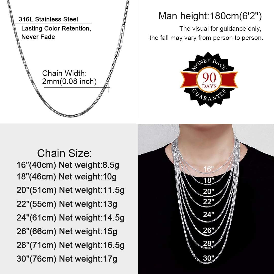 ChainsHouse 2.0mm Thin Snake Chain Necklaces for Women Men Stainless Steel Waterproof 16"-30" Jewelry Gift