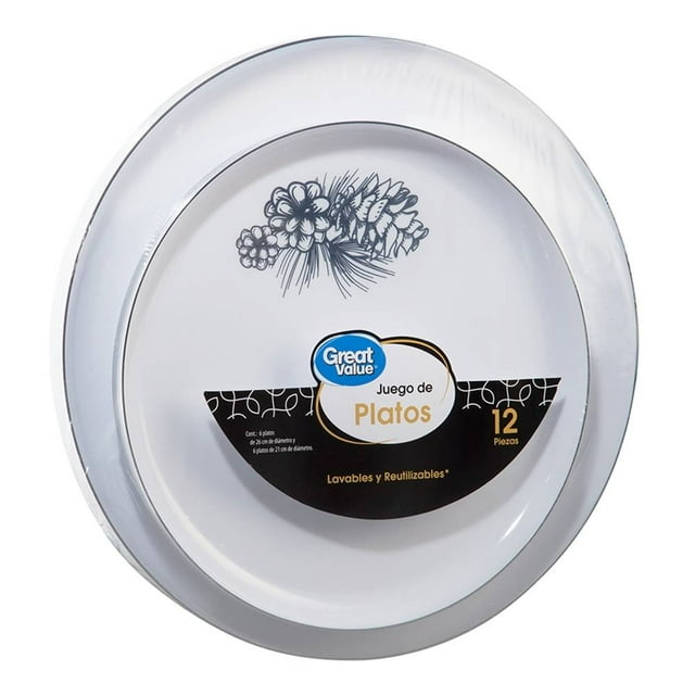 Set de platos Great Value lavables y reutilizables piñas 12 pzas, juego de vajillas blancas con diseño de piñas en negro, incluye 12 piezas resistentes para lavado y uso repetido, ideales para mesa en reuniones y eventos familiares, también suelen usarse para picnics o comidas al aire libre.