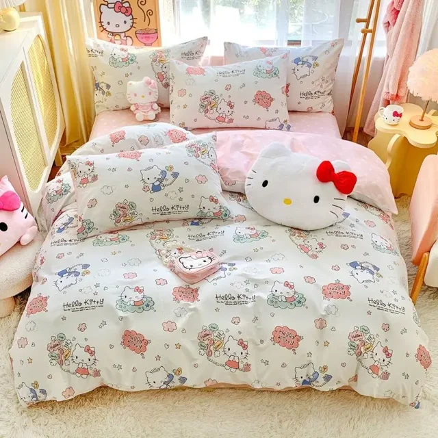 Sanrio Hello Kitty Bedding Set Cute Cotton Four Piece Double Queen Size Bed Linens Pillowcase Girl Dorm Bedclothes Home RJ