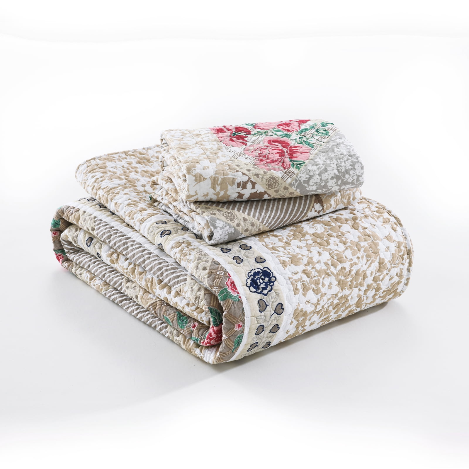 PANGUSHAN 100% Cotton 128"x120" Oversized California King Bedspread Coverlet Quilt Set, Cal King Quilted Bedspread Extra Large Wide Quilt, Floral XL Bed Spread Lightweight Comforter, 3pc, Brown/Gray