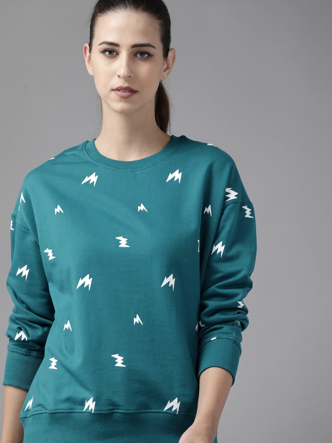Roadster - By Myntra Women Designer Teal Blue u0026 White Printed Long Sleeves  Ready to Wear Pullover Regular Cotton Round Neck Sweatshirt - Walmart.com