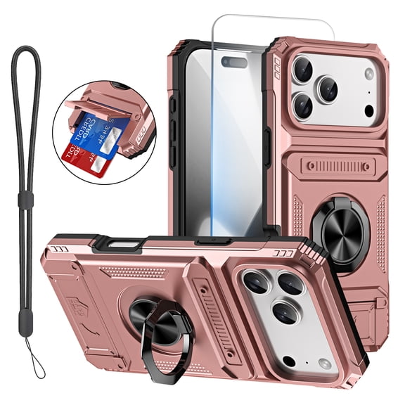 Mynvo Rugged Case for Apple iPhone 17 Pro Case with Screen Protector, Lanyard, 2 Card Slots and Ring Kickstand Wallet Case for Women Men
