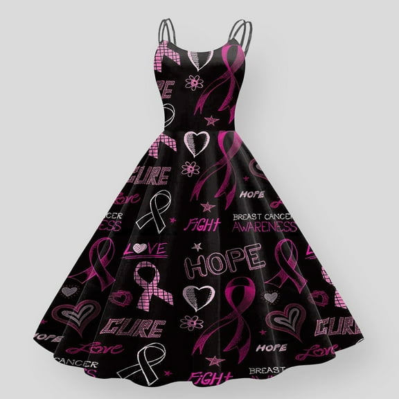 Summer Dresses for Women 2025 Cancer Pink Ribbon Awareness Print Sleeveless Sun Dress Black L