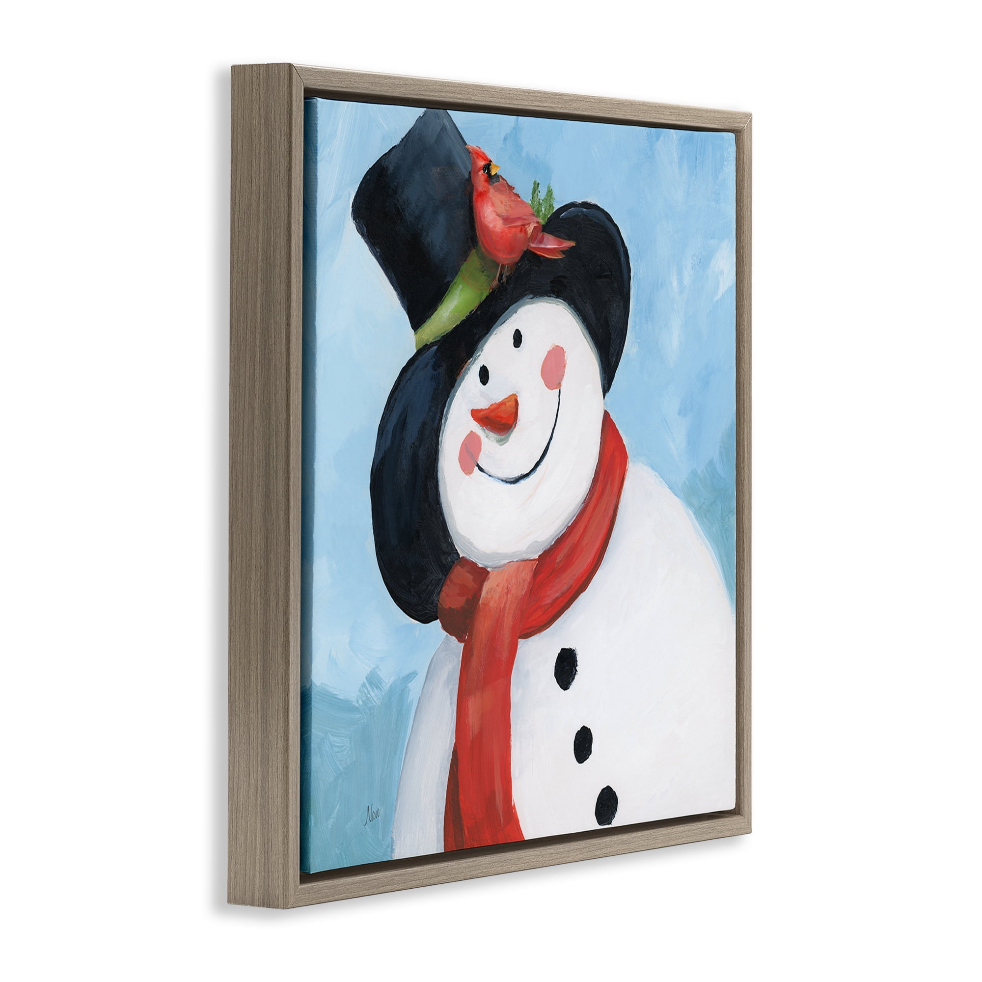 Stupell Industries Cheerful Snowman with Cardinal Brown Framed Floater Canvas Wall Art, design by Nan