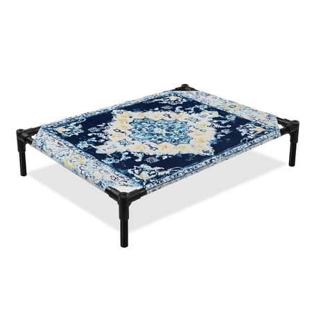 Vintage Elevated Dog Bed Abstract Blue Bohemian Farmhouse Tribal Cooling Breathable Outdoor Raised Dog Cot Bed with Metal Frame Non-Slip Feet for Medium Dog 24x20in
