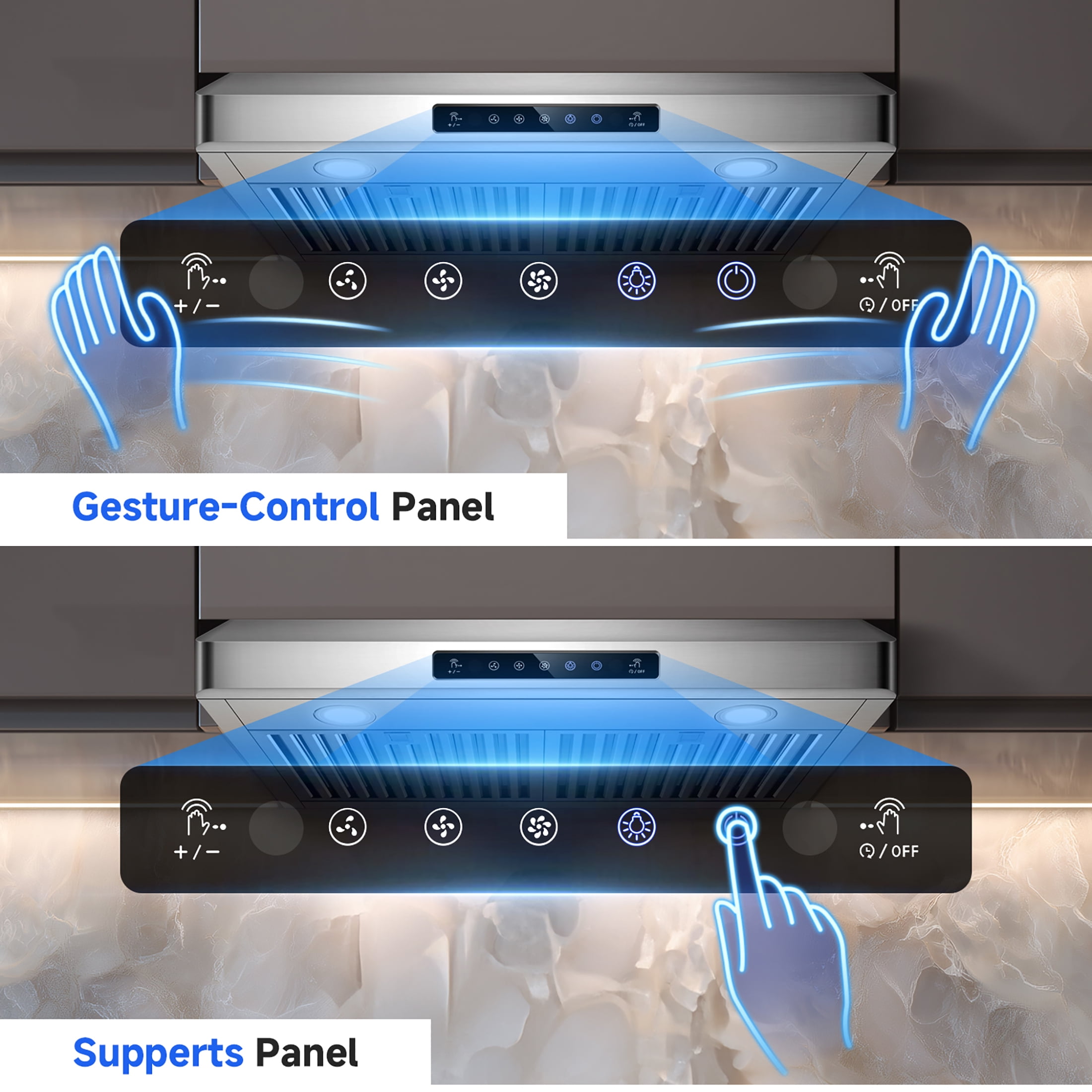 AAOBOSI 30 inch Under Cabinet Range Hood, 3-Speed Stainless Steel Kitchen Vent Hood with Gesture & Touch Control, LED Lights Exhaust Fan, Upgraded