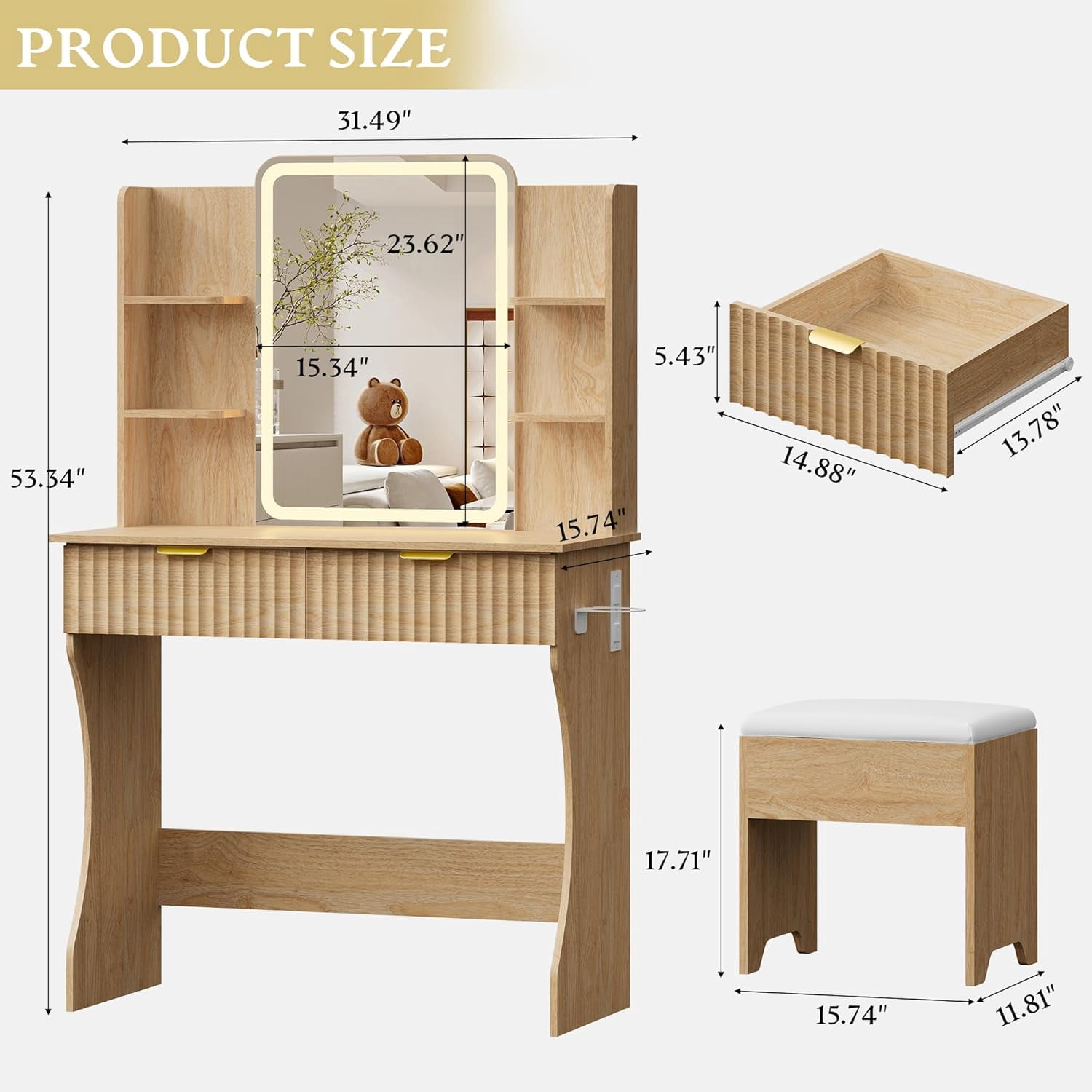 PUFFCAFE Vanity Desk with Mirror and LED Lights,Small Makeup Vanity Table with Storage Drawers & Chair & Power Outlet,Bedroom Oak Vanity Set