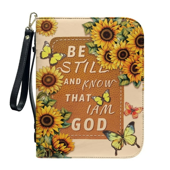 ZUXONGSY Sunflower Butterfly Print Leather Bible Cover Case for Women Men Be Still and Know Bible Book Carrying Case with Detachable Wristlet Strap Bible Study Tools for Study, L
