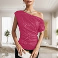 thumbnail image 2 of Bjutir T Shirts For Women Tees One Shoulder Sequin Sparkly Tops Ruched Asymmetrical Glitter Tops Party Shirts Hot Pink S, 2 of 6