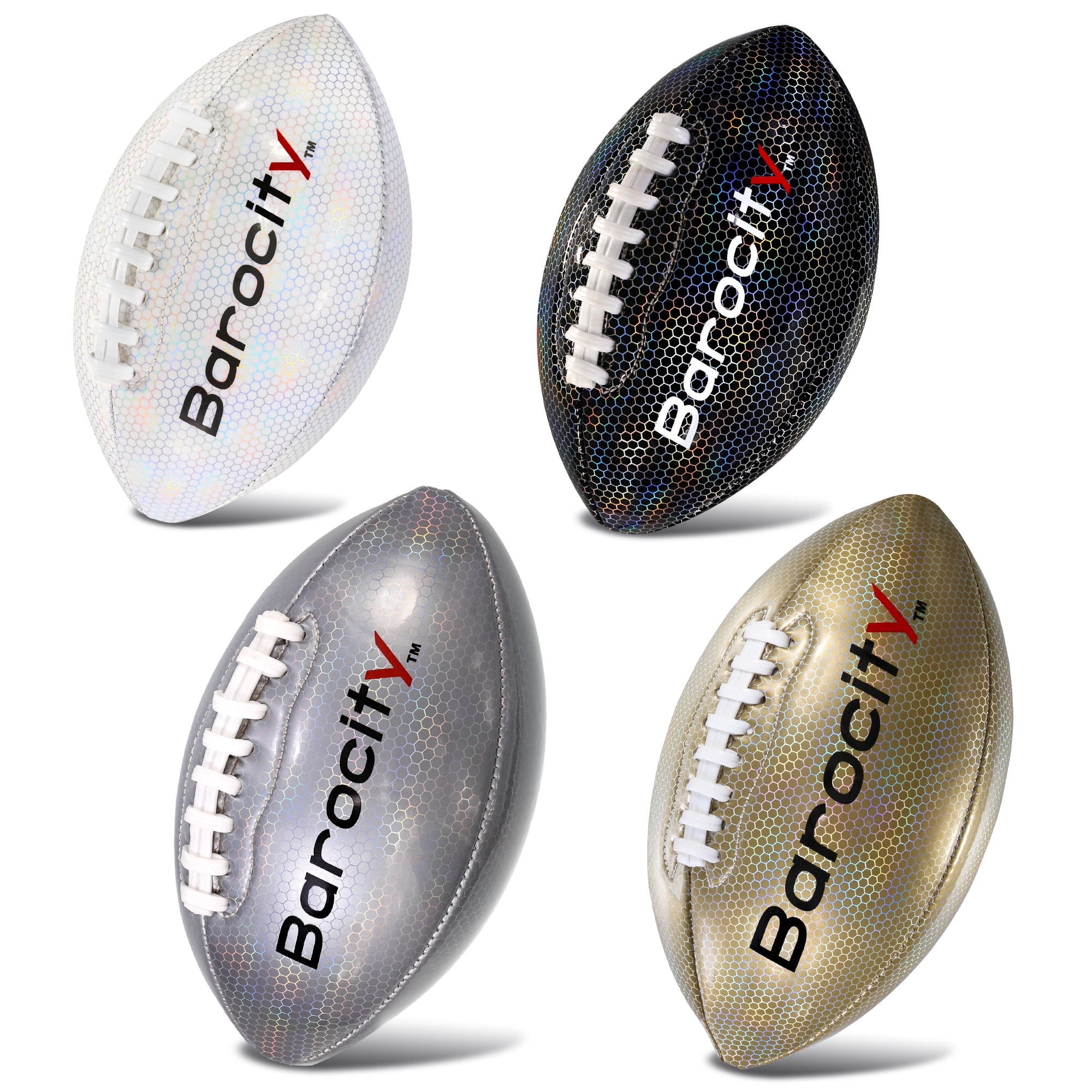 Barocity Footballs for Kids - Reflective Iridescent Rainbow Hex Pattern Boy and Girl Official Match Football - 4 Premium Durable Training Balls White Size 3, Black Size 3, Silver Size 6, Gold Size 6