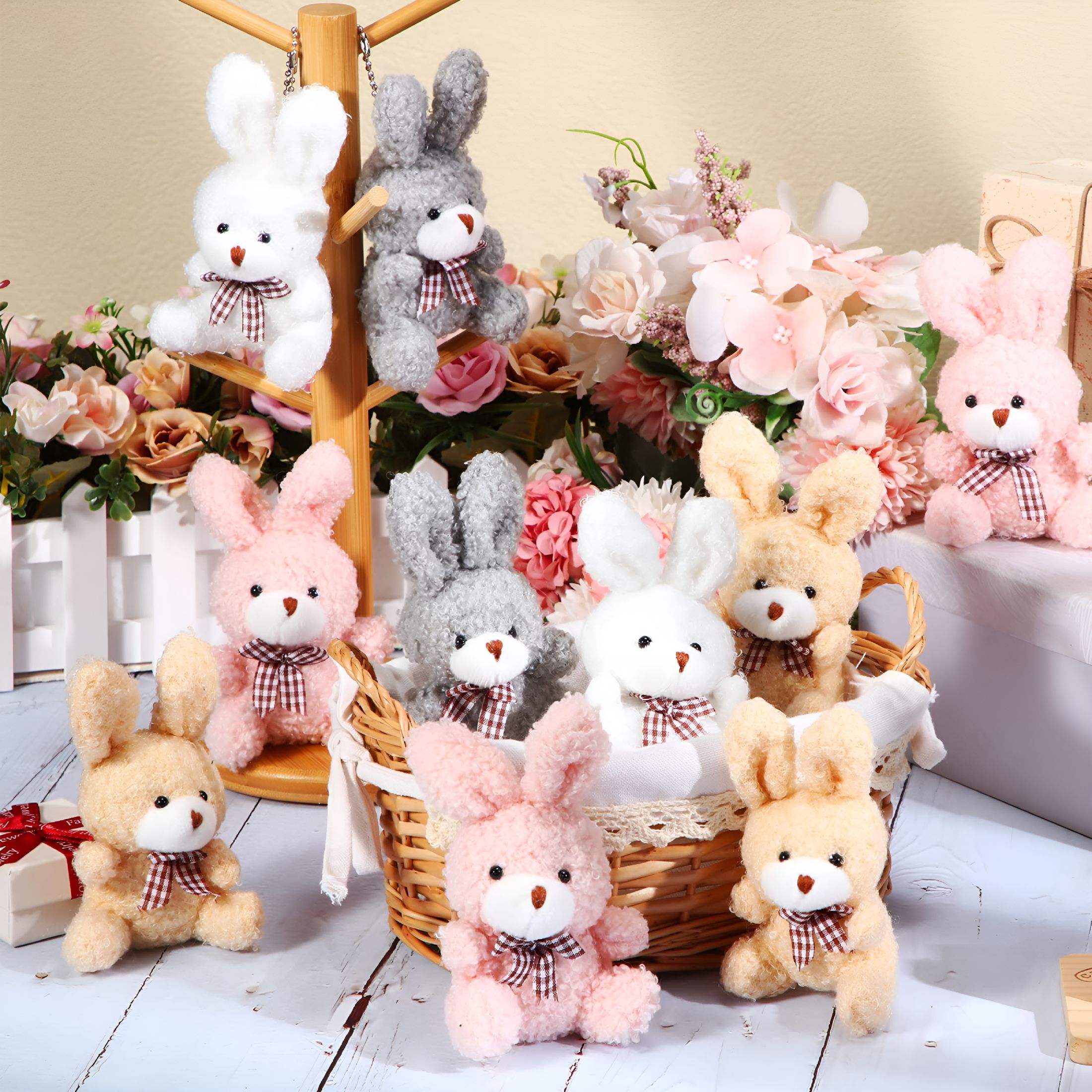 BESTSKY 24 Pcs Plush Bunny Stuffed Animal Bulk 4.7 Inch Mini Bunnies Keychain Doll Furry Rabbit with Bow Tie for Birthday Xmas Easter
