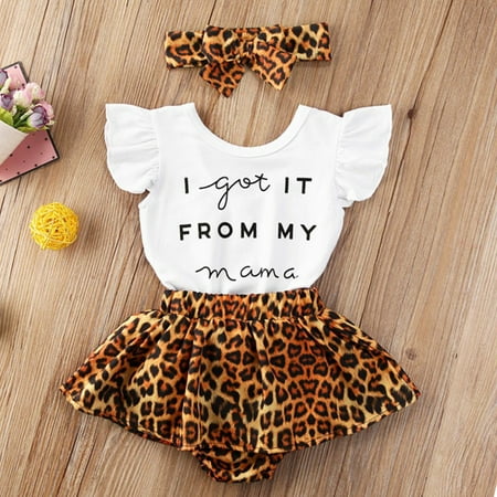 

Baby Girls Ruffle Sleeveless 3PCS Summer Outfits Romper Tops Leapard Tutu Skirts Headbabd