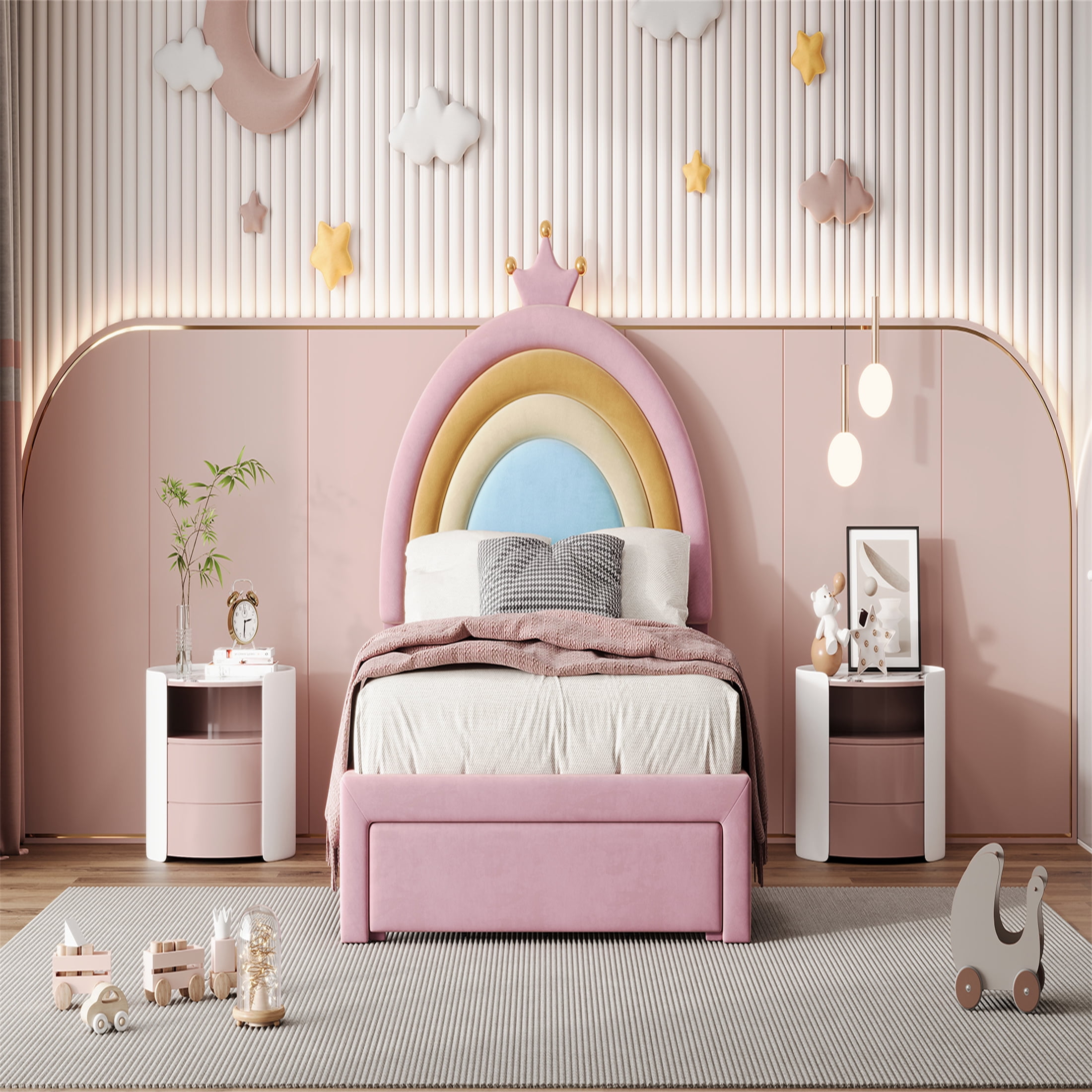 Cute Rainbow Twin Size Bed Frame for Girls,Velvet Princess Twin Bed Frames with Headboard and Drawers,77.5"x40.5"x47",Pink