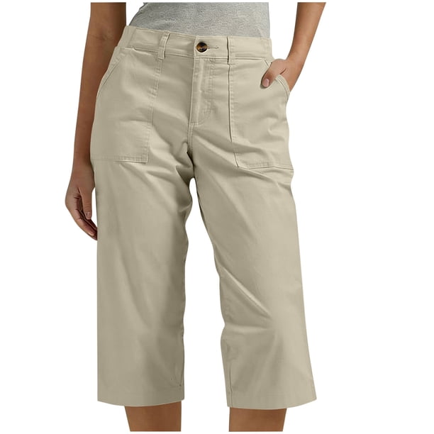 TaTaai Women's Elastic Waist Cargo Pants 7/8 Length Straight Leg Casual Trousers with Multiple Pockets Solid Color for Utility Work and Outdoor Casual Wear Gift
