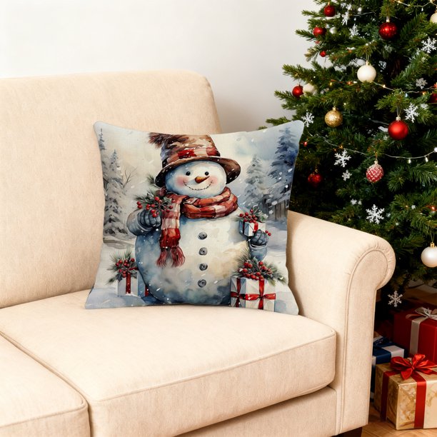 CaiYueKe Christmas Snowman Pillow Cover, Linen Cushion Case with Holiday Print, Soft Decorative Sofa Bed Pillowcase for Winter Home Decor, Festive Holiday Living Room Accessory