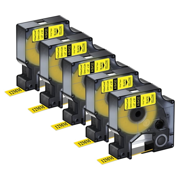 NineLeaf 5PK Compatible for DYMO 18432 1/2" x 18' (12mm x 5.5m) Black on Yellow Industrial Vinyl Label Maker Tape for Rhino 4200 5200 Label Maker