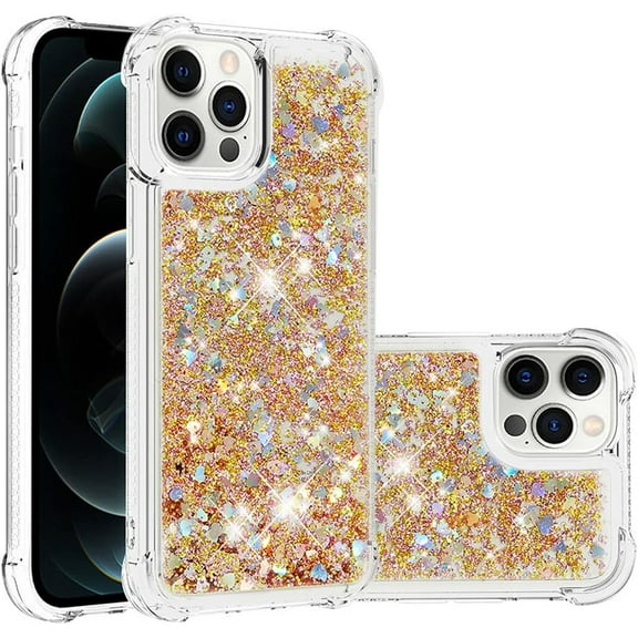 Compatible with iPhone 12 Pro Max Case Glitter Luxury Cute Love Liquid Quicksand Clear Soft TPU Girls Women Stylish Bumper Shockproof Protective Case for iPhone 12 Pro Max Golden YB