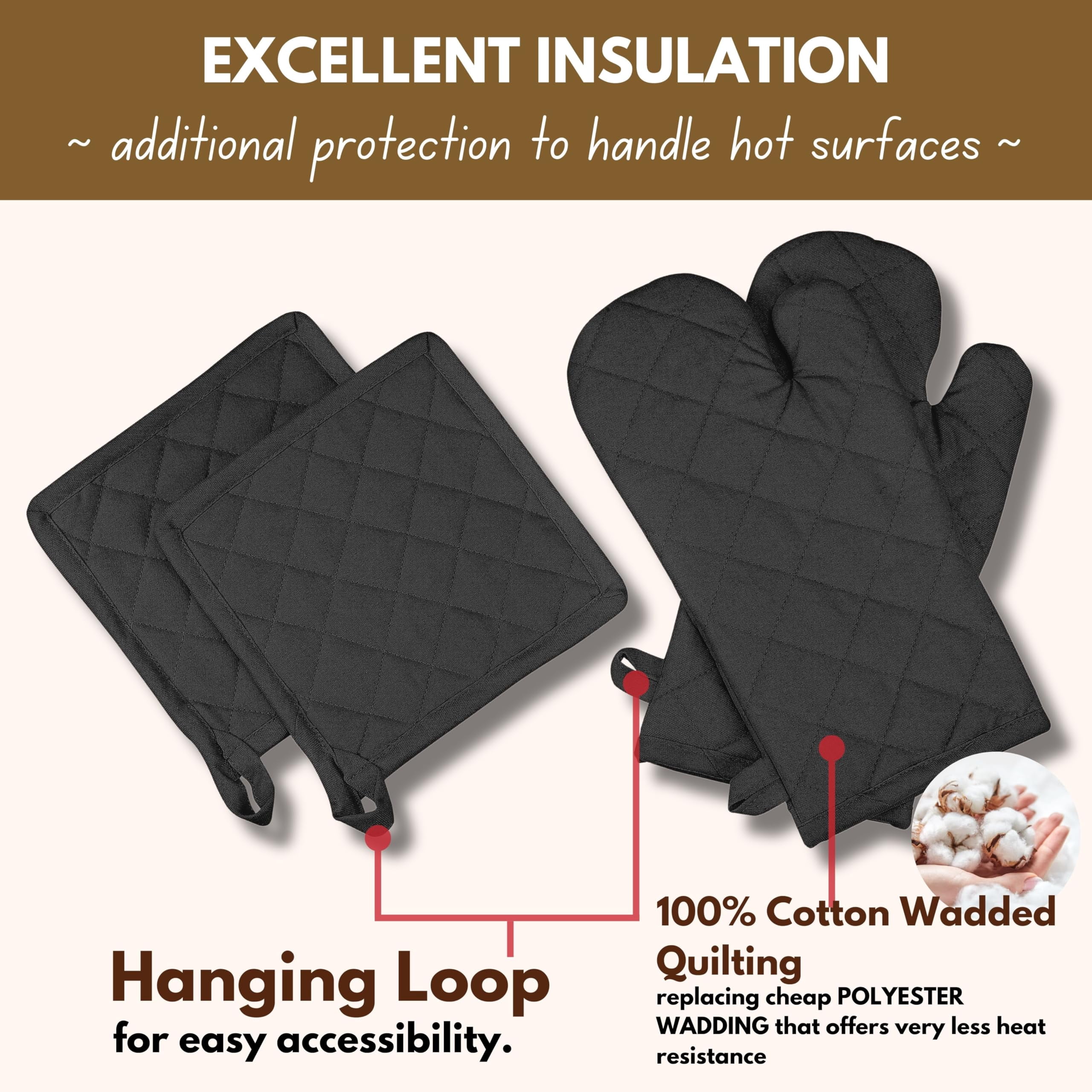 Native Fab 100% Cotton Oven Mitts & Pot Holders for Baking Cooking Hot Pans - 4 Pack - Black