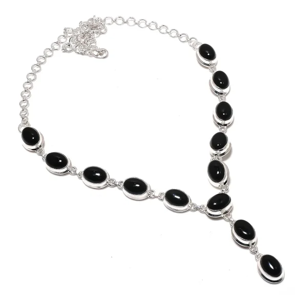 Black Onyx Gemstone Necklace Handmade Beautiful Necklace Natural Oval Cabochon Black Onyx 925 Sterling Silver Plated Jewelry 22 Inch Adjustable Necklace