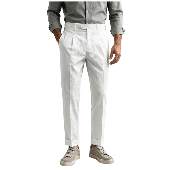 HBDesign Men's Pearl White Seersucker Pants, Lightweight Breathable Summer Dress Trousers, Slim Fit Flat Front with Cuffed Hem, Casual Business Pants for Wedding Office Beach Vacation