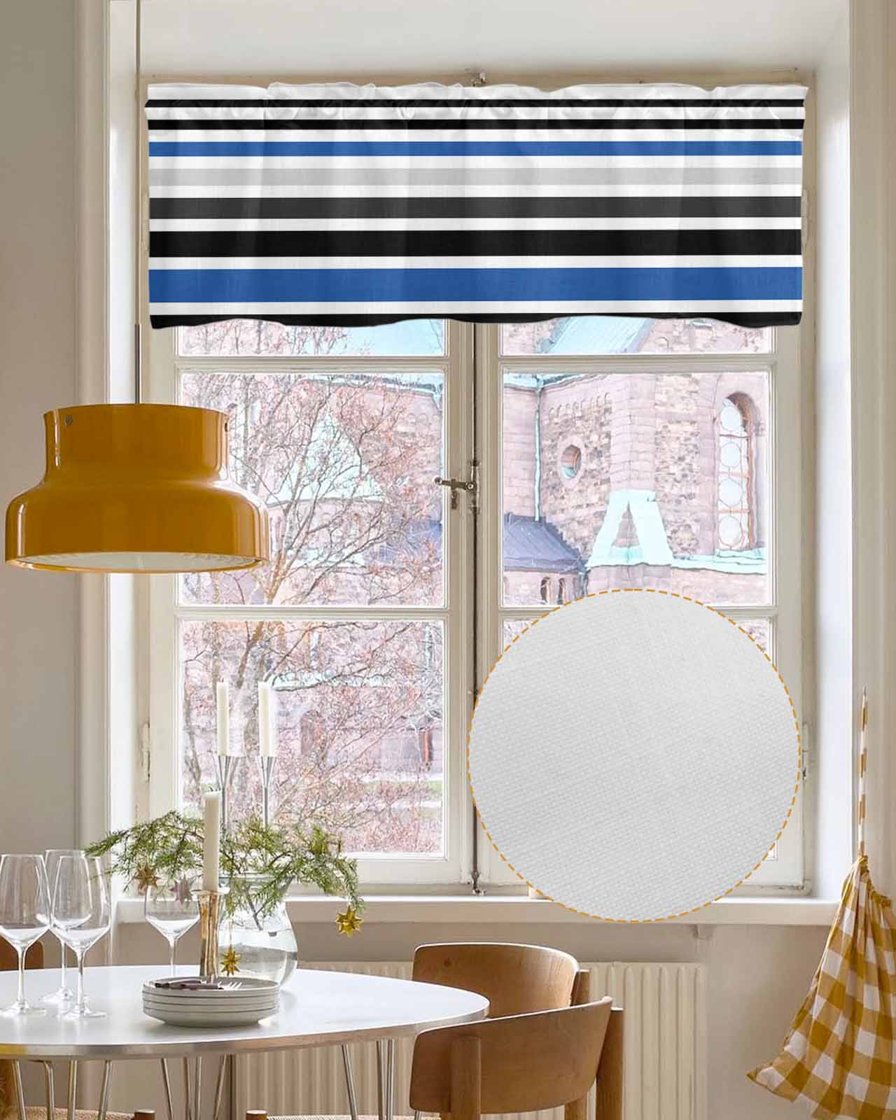 Navy Blue Black Stripe Kitchen Valances for Windows Farmhouse Linen Window Valance Curtain for Living Room Window Treatment Modern Abstract Coarse Striped Valance Rod Pocket Topper, 54 x 18 Inch