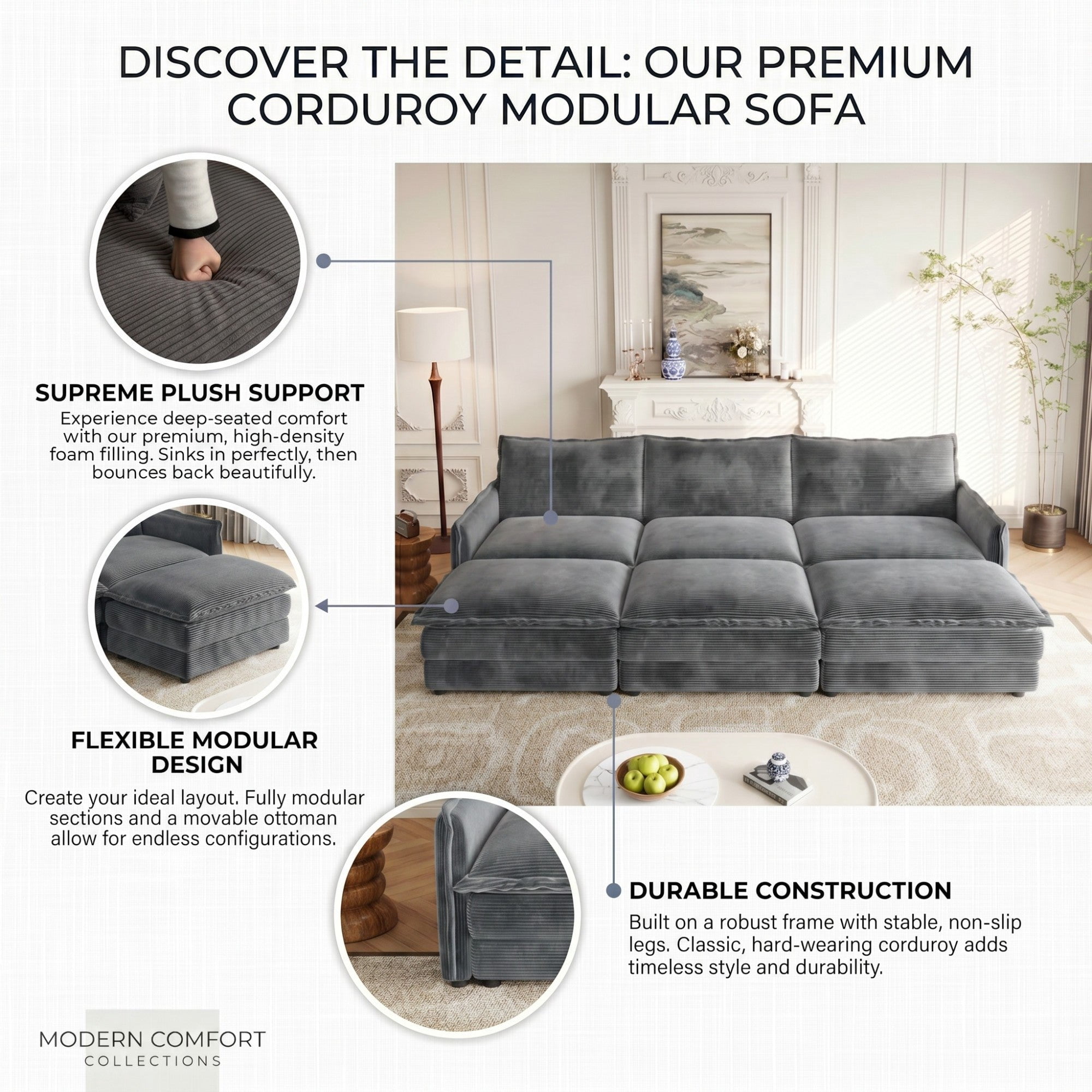 Sailvan 3-Seater Corduroy Sofa with 3 Ottomans, Oversized Deep Seat Cloud Couch for Living Room Grey