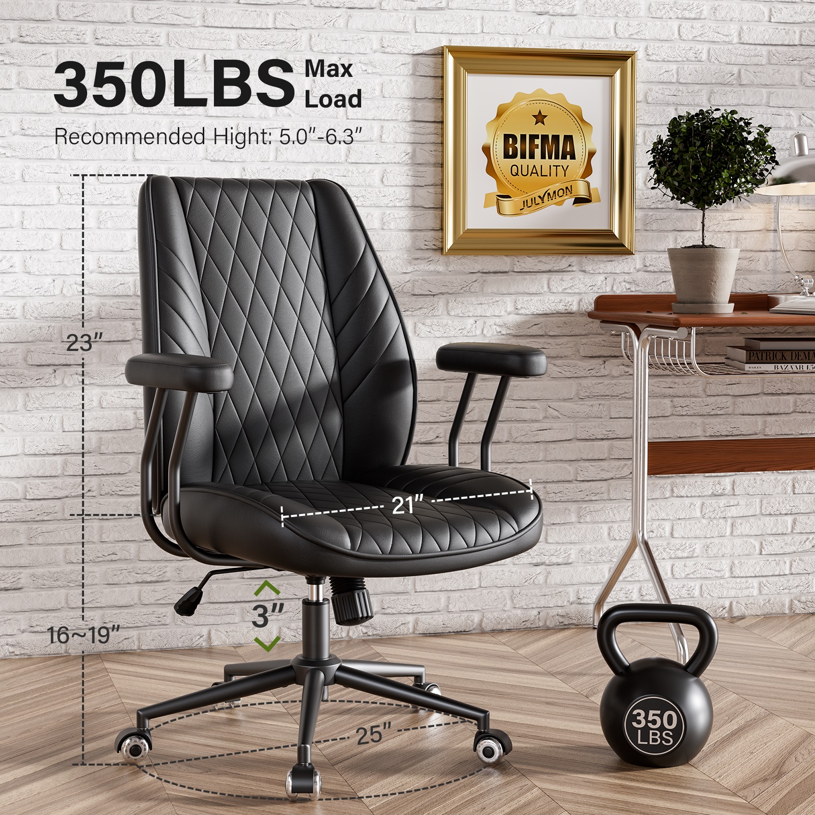 Ninecer Black Leather Office Chair with Wheels Adjustable Height Padded Arms Retro Executive Desk Chair for Home Office