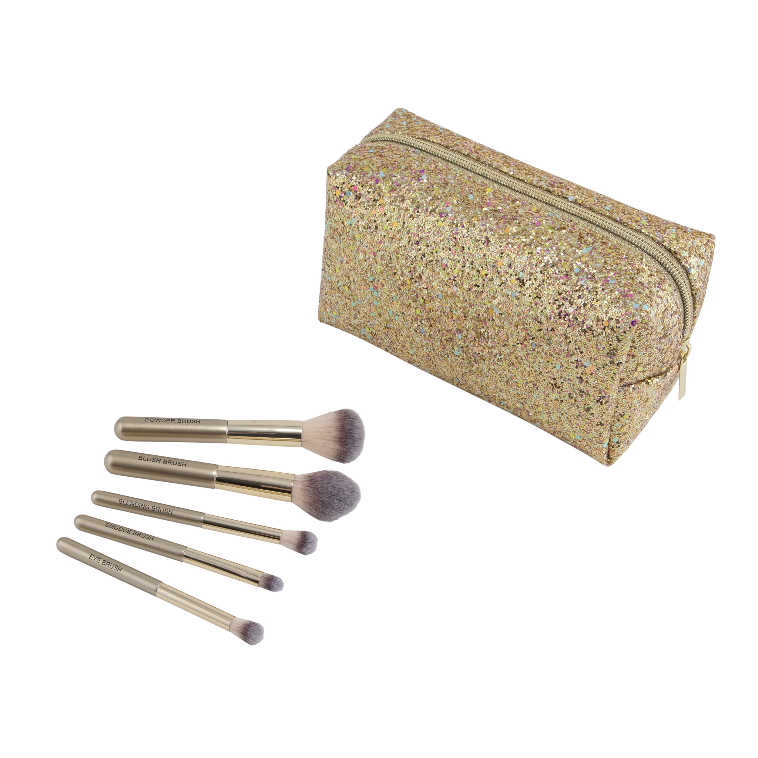 Sparkle and Shine Makeup Brush Set with Bag, Gold, 6 Pieces