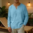 thumbnail image 3 of Klisyaur Men's Cotton Linen Shirt Long Sleeve V Neck Lightweight Comfortable Casual Fashion Summer Tee, 3 of 5