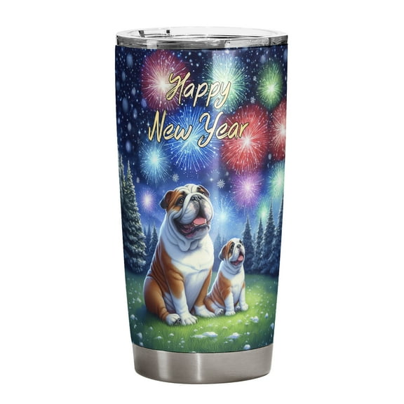 Happy New Year Bulldog Family Cheer Winter Midnight Firework 20oz Stainless Steel Tumbler Insulated Cup with Lid Dog Lover Gifts Idea - 02025